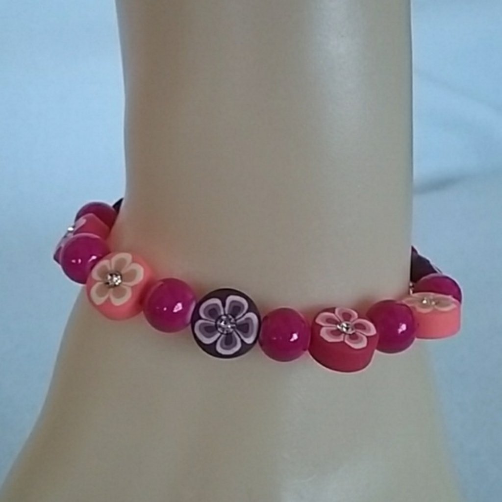 Hot Pink And Flowers Beaded Stretch Bracelet 15$